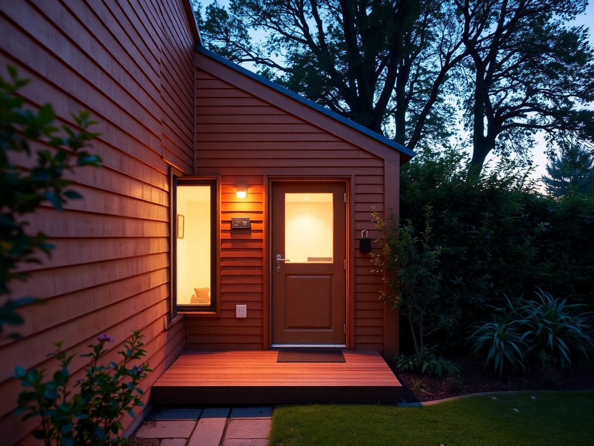 Step-free side entrance to the garden studio at dusk