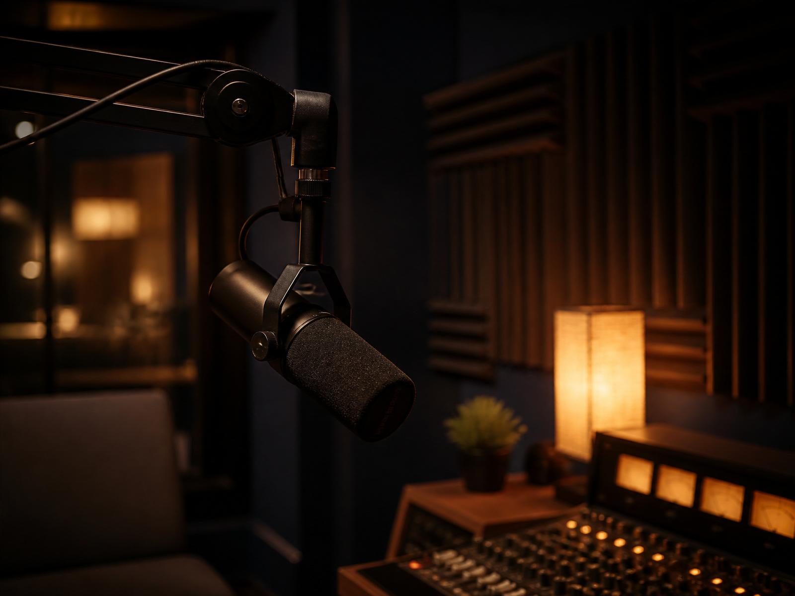 Warm interior of Elstree Sound Studios with a broadcast microphone lit by tungsten light